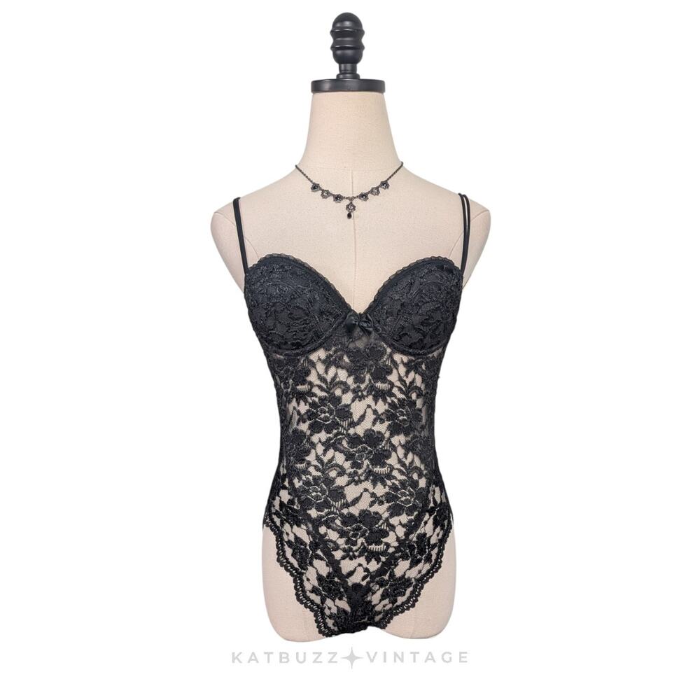 Vintage Victoria Secret Teddy Bodysuit 34A Black Lace Gold Label Sheer Vamp Glam